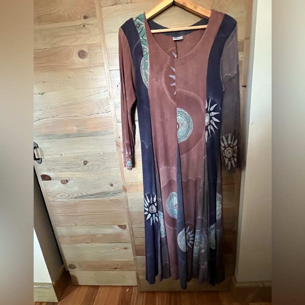 Bohemian Long Sleeve Maxi Dress in Brown & Navy